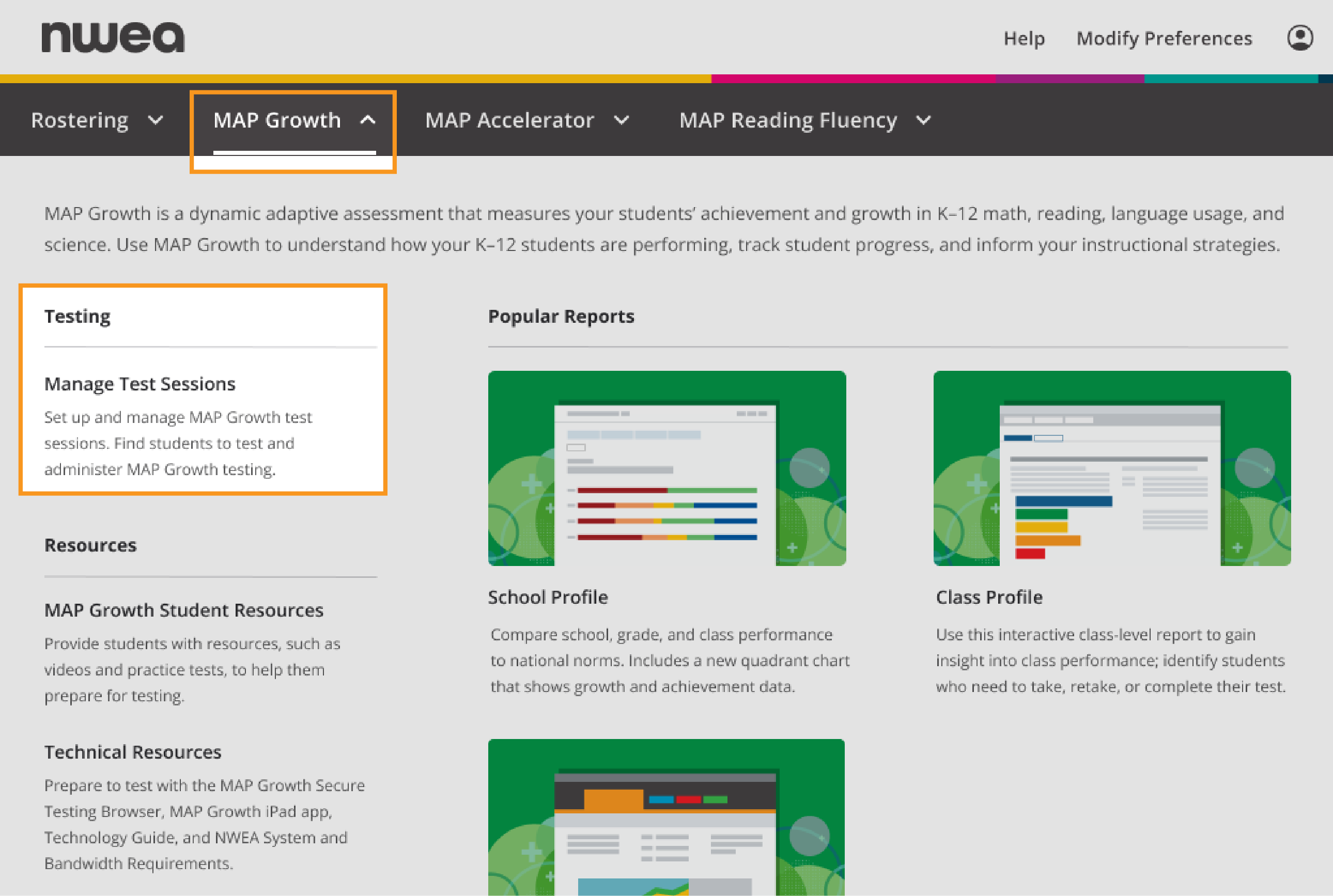 Menu with Manage Test Sessions highlighted