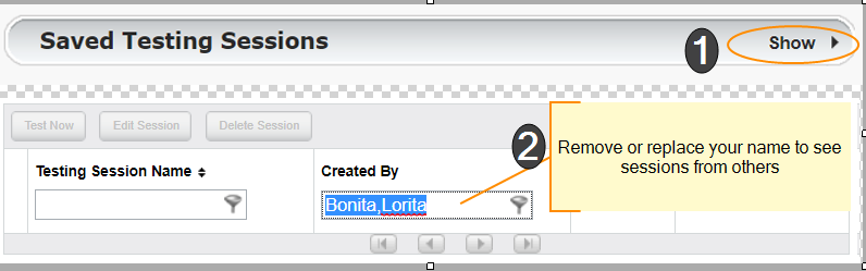 Saved Testing Sessions interface and the Created By filter